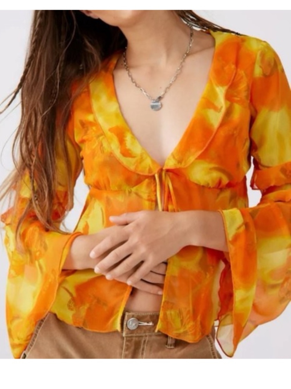 New Urban Outfitters Orange & Yellow Tie-Front Sheer Blouse Ruffle Bell sleeves